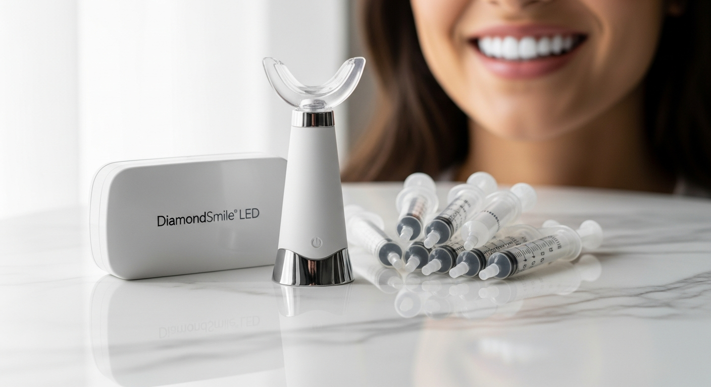 DiamondSmile LED Teeth Whitening Kit with rechargeable device, gel syringes, and mouth tray on white background