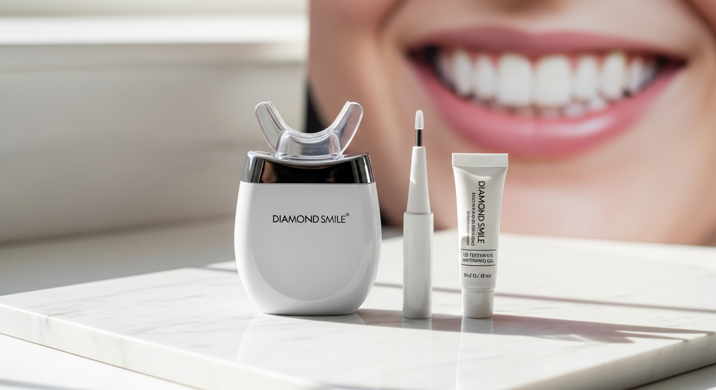 Diamond Smile LED Teeth Whitening Kit with blue light device, whitening gel syringes, mouth tray, and shade guide on white background