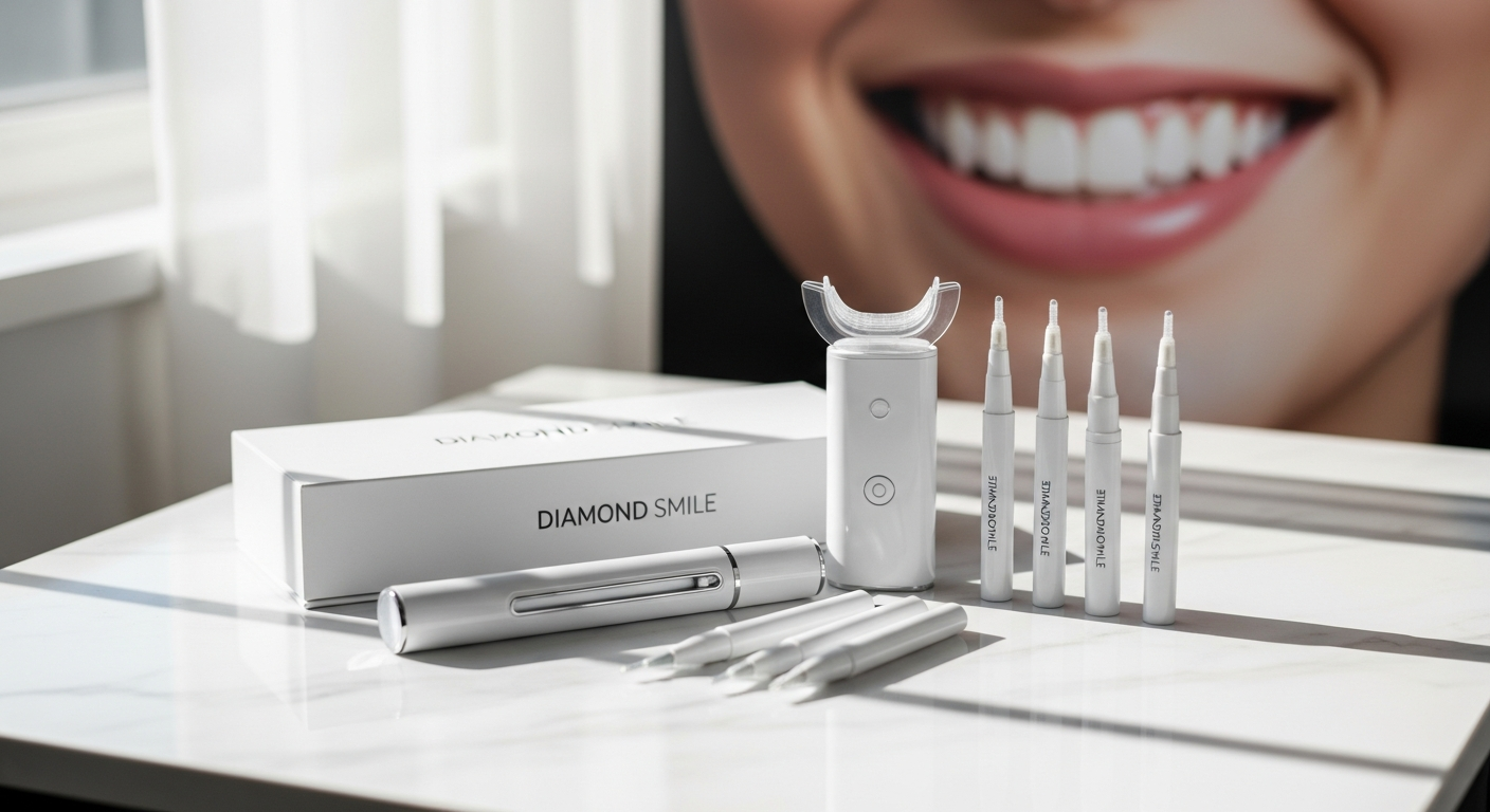 Diamond Smile Teeth Whitening Kit with UV light, gel syringes, and flexible mouth tray displayed on white background