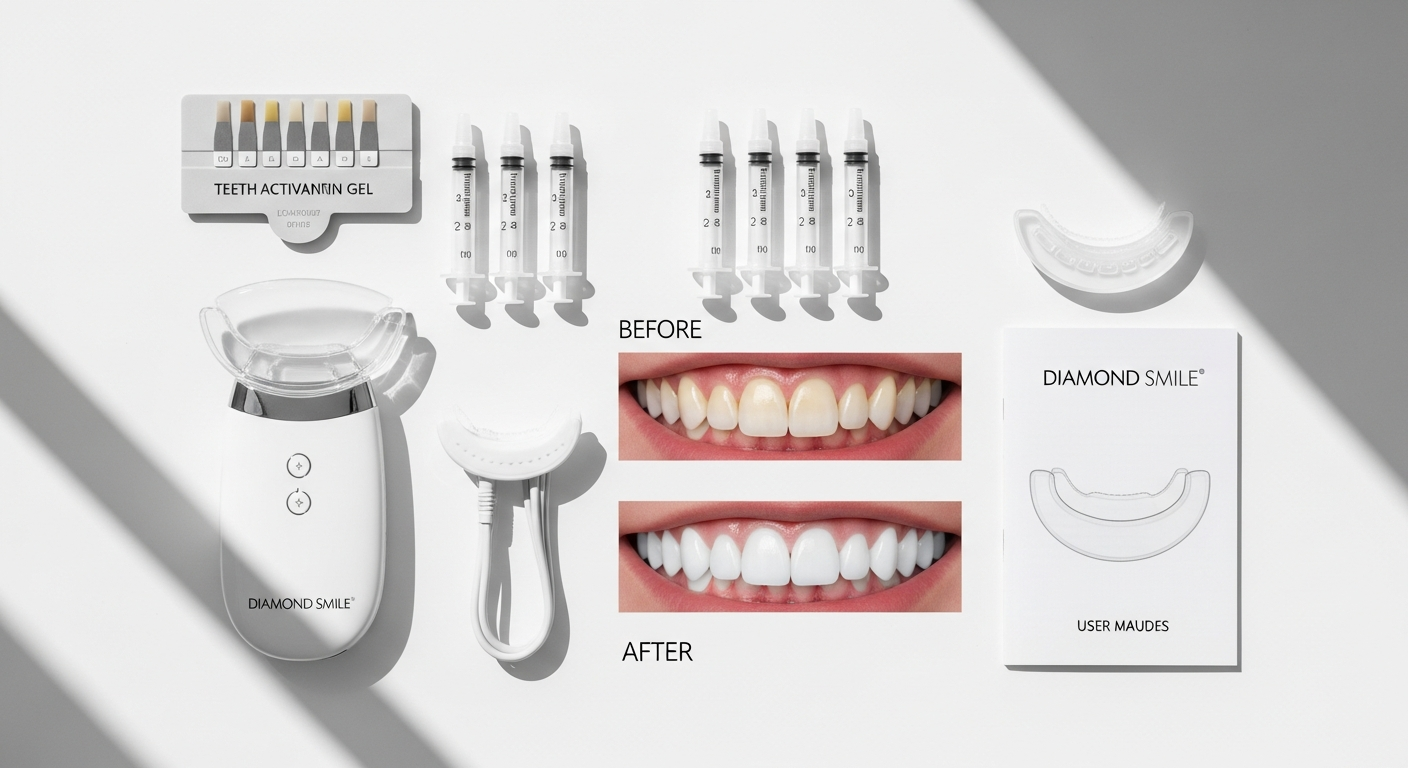 Diamond Smile Teeth Whitening Kit LED device with gel syringes and shade guide on white background
