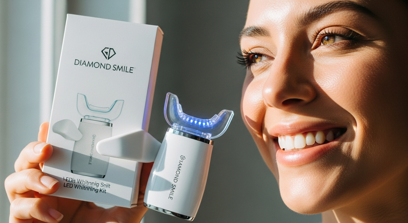 Diamond Smile LED Teeth Whitening Kit with gel applicator and mouth tray for sensitive teeth