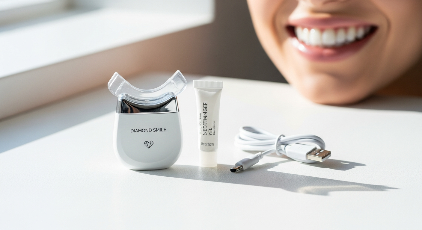 Diamond Smile LED Teeth Whitening Kit with blue light device, whitening gel syringes, and custom mouth tray displayed together