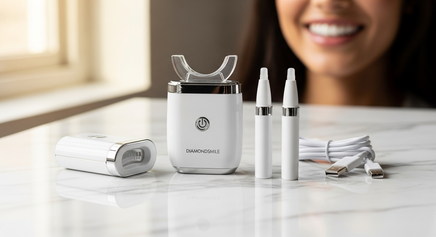 DiamondSmile Premium Teeth Whitening Kit with LED device and peroxide-free gel syringe displayed