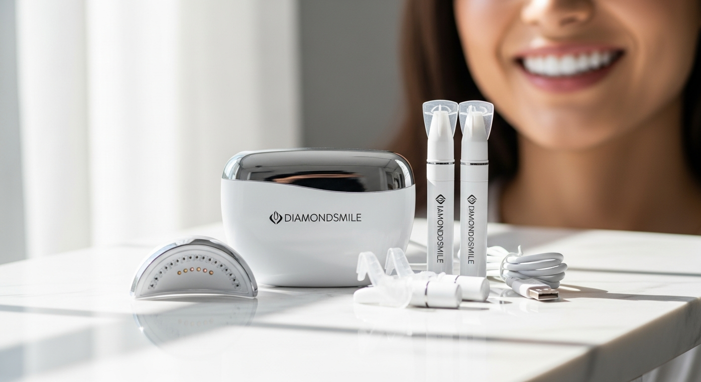Professional home teeth whitening kit with LED lamp and whitening gel bottles displayed on white background
