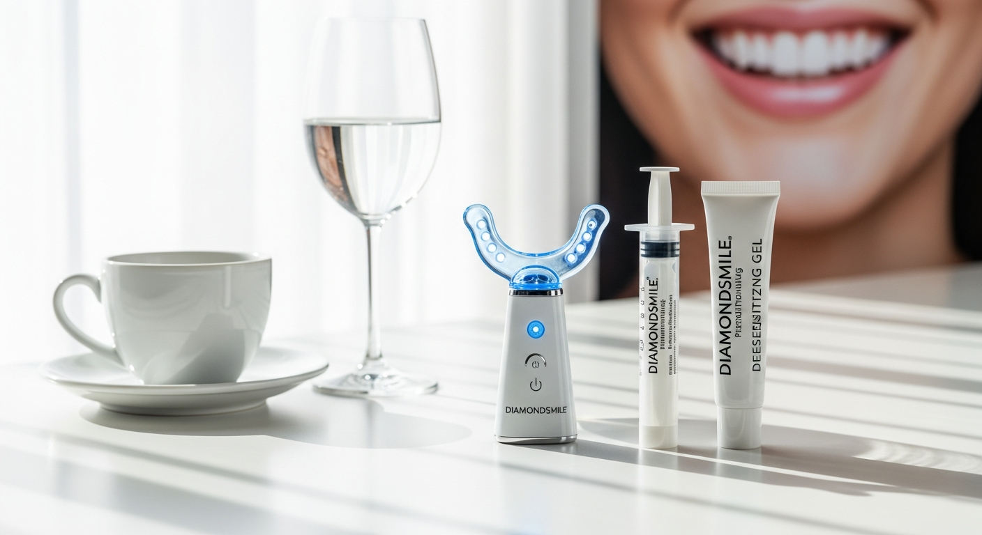 DiamondSmile Premium Teeth Whitening Kit with LED light device and gel applicator on white background