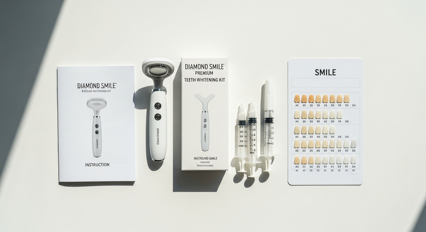 Diamond Smile Premium Teeth Whitening Kit with LED lights and gel syringes displayed on white background