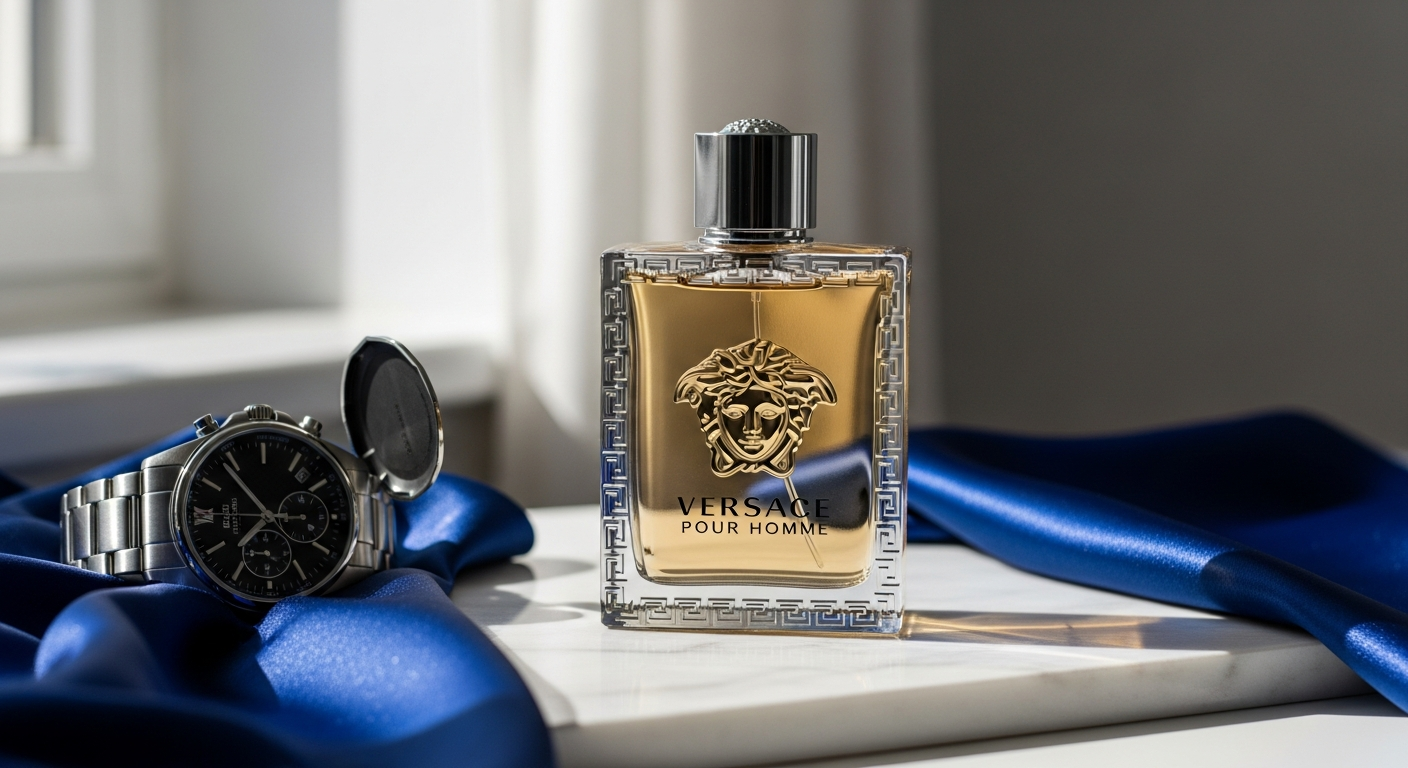 Versace Eros Pour Homme Eau de Parfum bottle with turquoise liquid and Medusa emblem