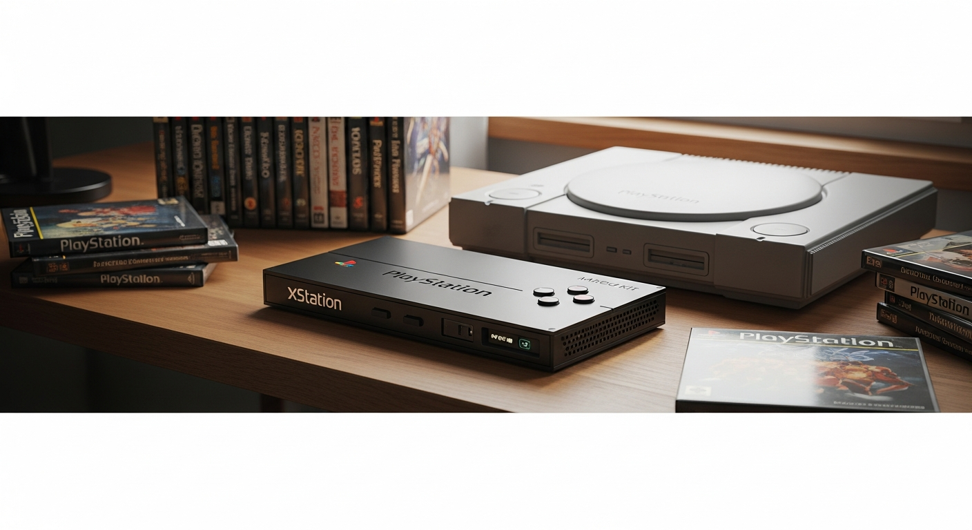 xStation PlayStation Optical Drive Emulator Mod Kit installed in retro PS1 console with microSD card storage
