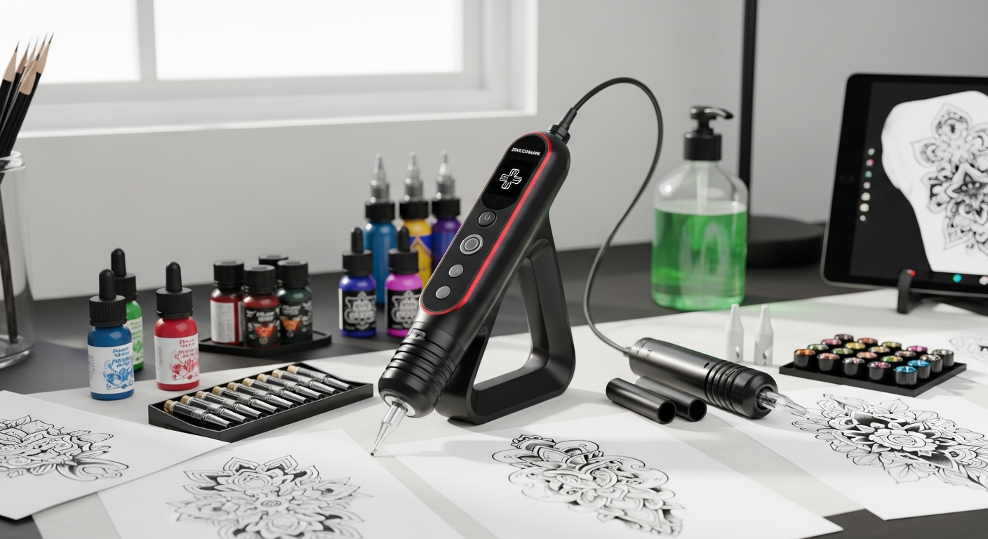 Dragonhawk Fold Pro wireless tattoo pen machine displayed with LED screen and adjustable controls