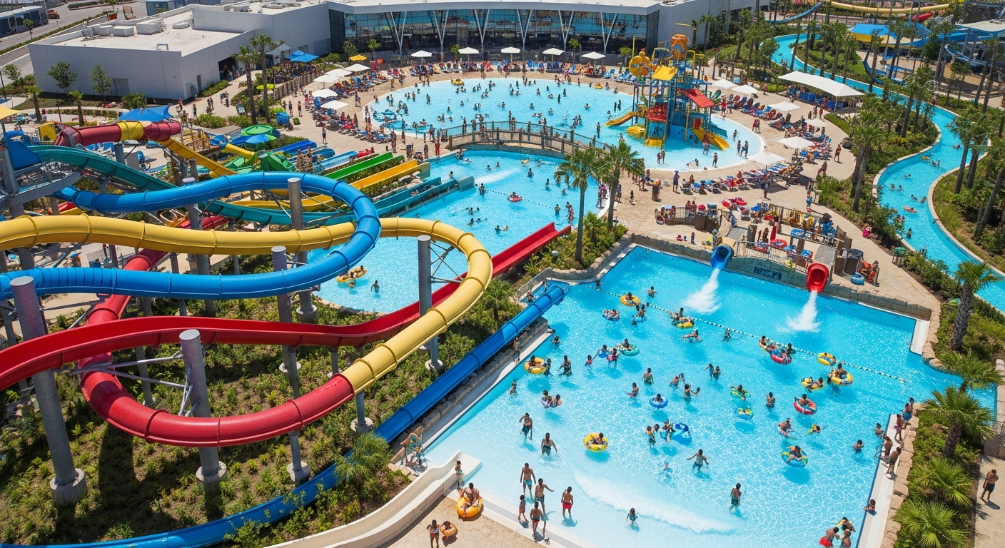 Aerial view of Duinrell Tikibad indoor water park with colorful slides and tropical theming