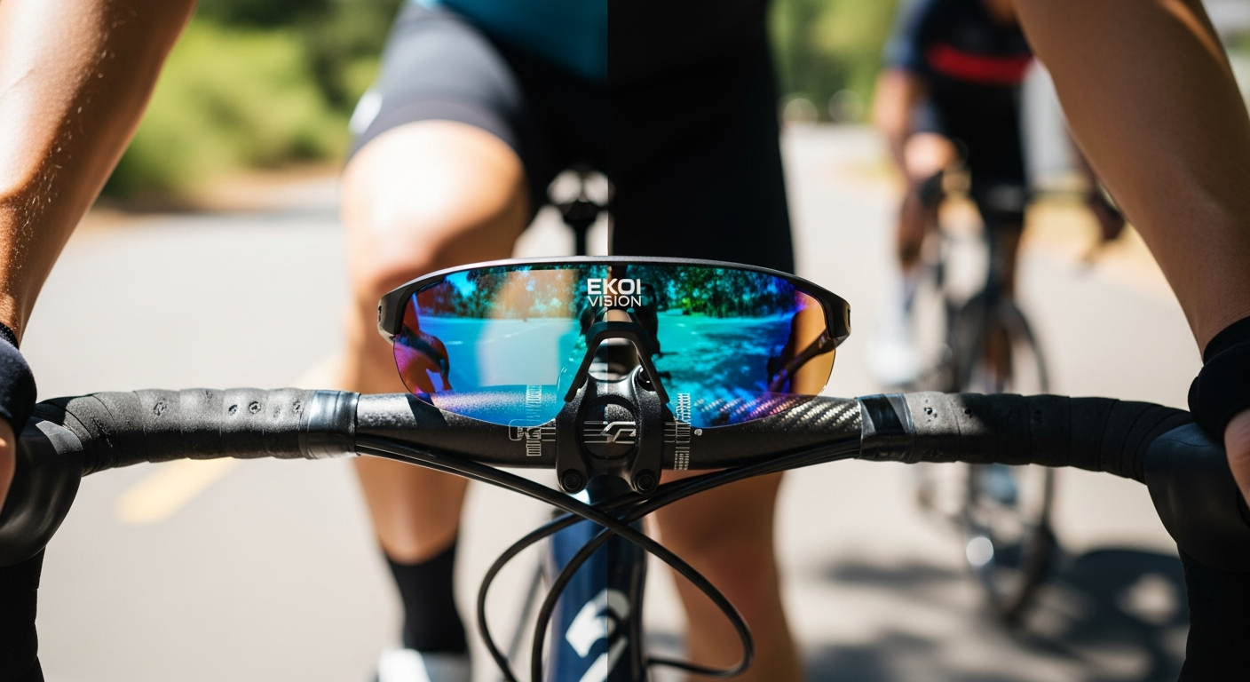 White cycling glasses with red-tinted photochromic lenses for all-weather riding