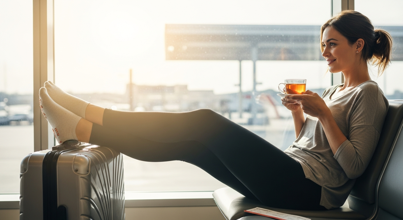 Woman wearing Elastique L'Original Lymphatic Drainage Leggings with MicroPerle technology during air travel