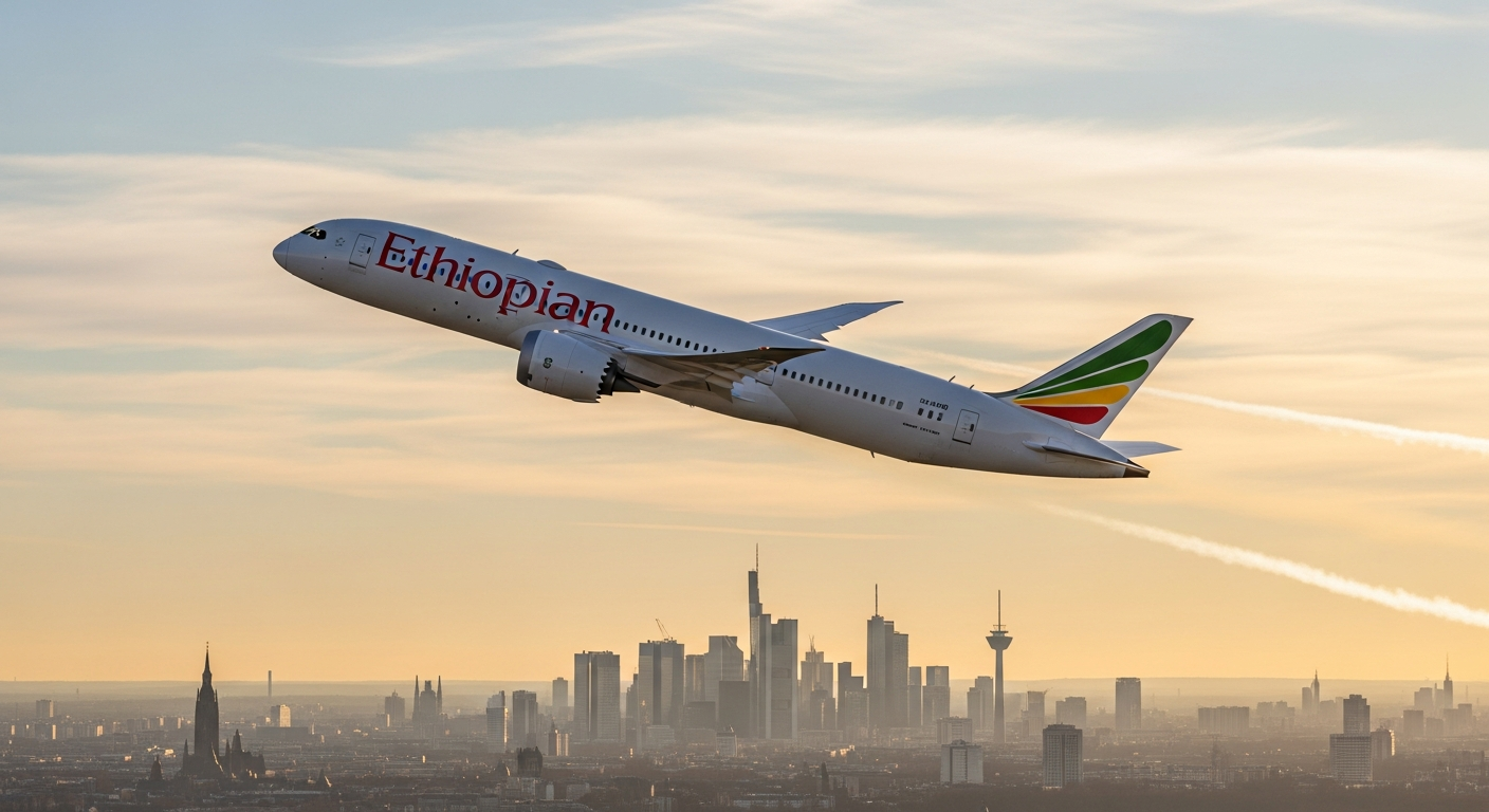 Ethiopian Airlines Airbus A350-900 aircraft flying over African landscape at sunset