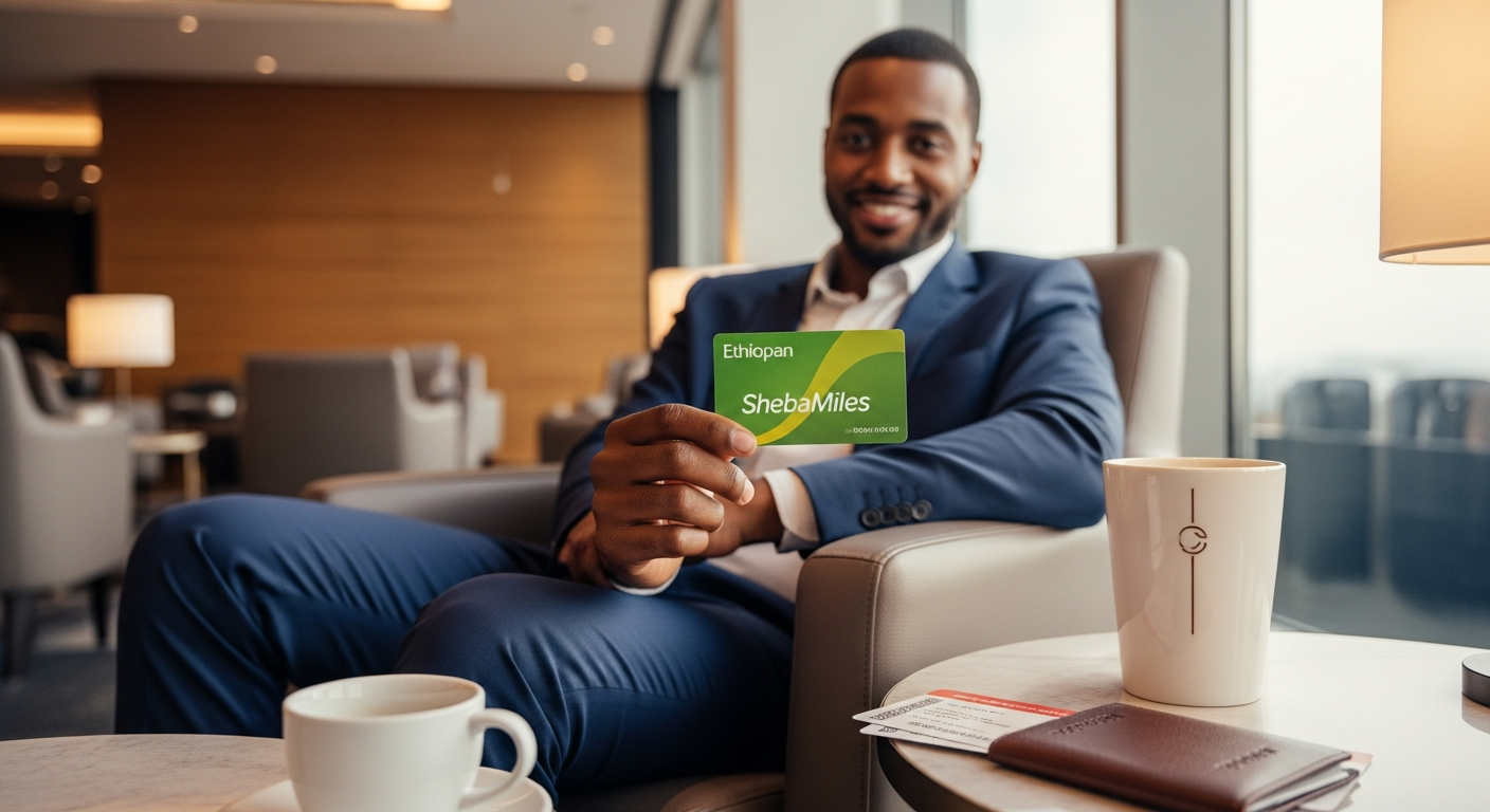 Ethiopian Airlines ShebaMiles loyalty program card with airplane and globe imagery