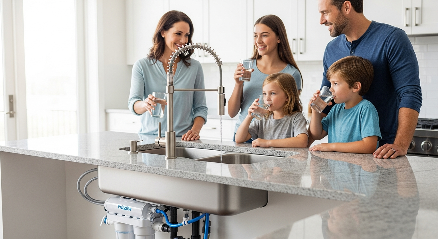Frizzlife MK99 under-sink water filter system installed beneath kitchen sink with dual-stage filtration cartridges