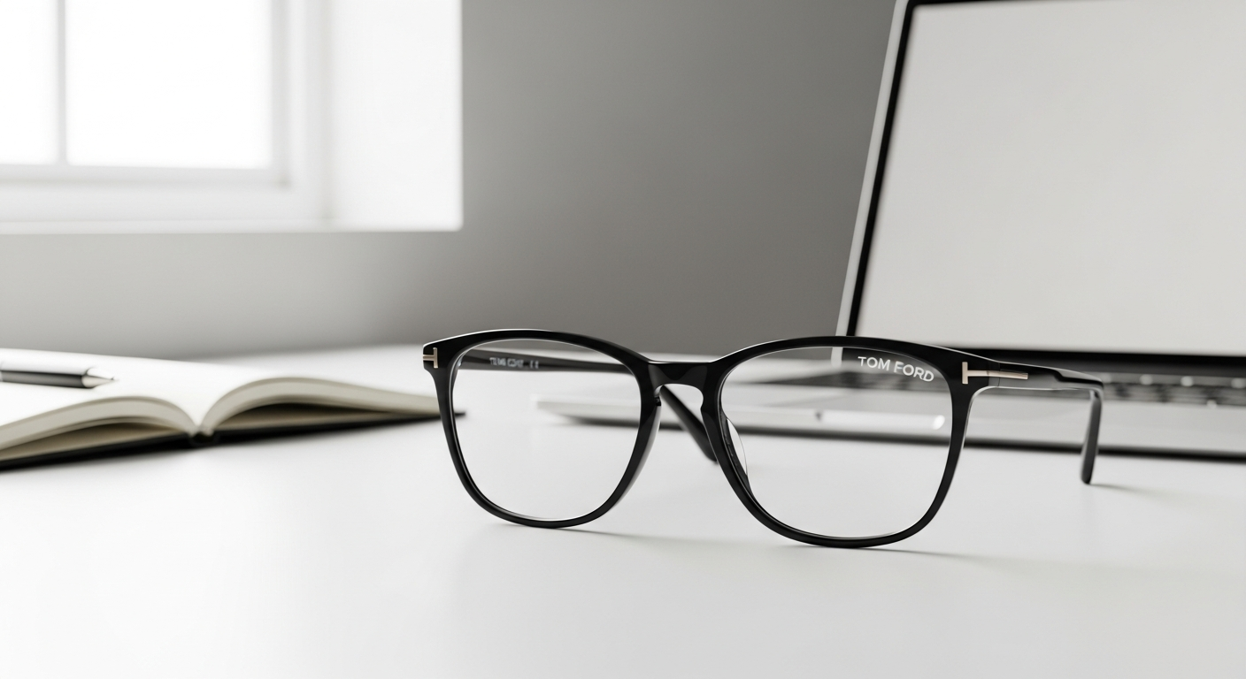 Tom Ford TF5634-B blue light glasses in black acetate with metal temple detailing on professional desk