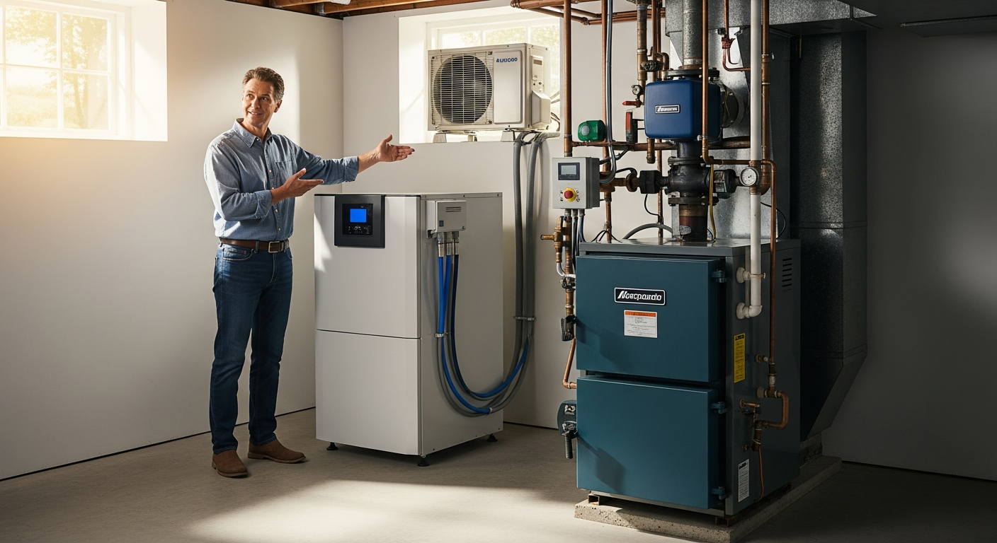 Feenstra hybrid heat pump system outdoor unit mounted on home exterior wall with integrated gas boiler backup