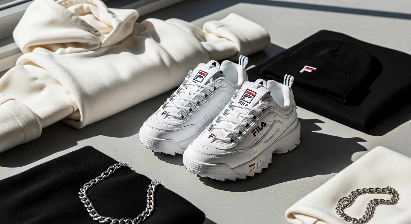 Fila Disruptor II chunky trainers in white and black colorways displayed on neutral background