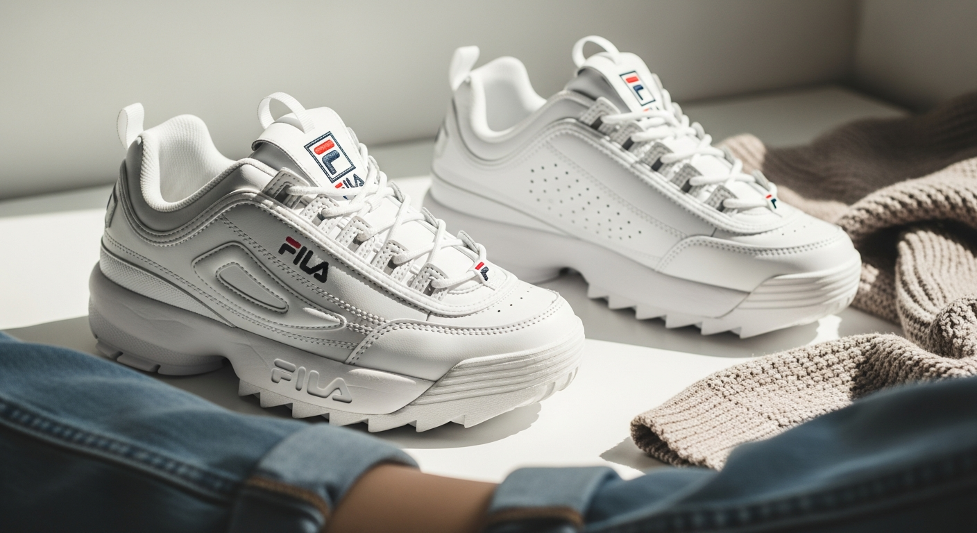Fila Disruptor II chunky trainers in white and black colorway displayed on neutral background