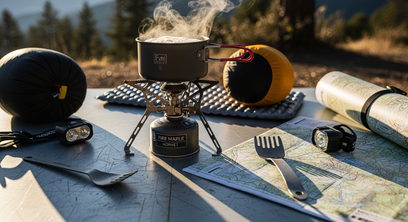 Fire Maple FMS-300T Hornet ultralight titanium backpacking stove with foldable pot supports and fuel canister