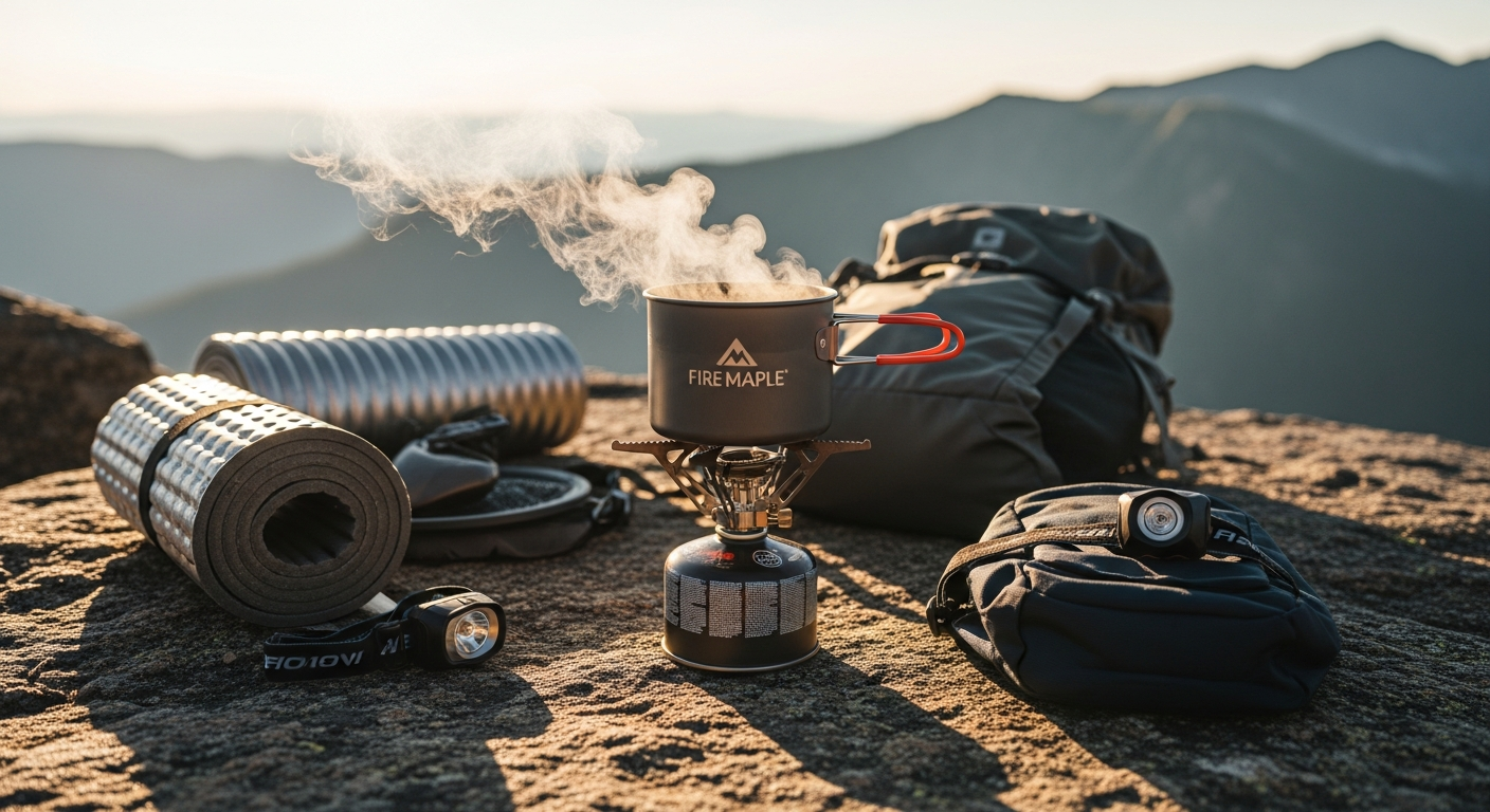 Fire Maple FMS-300T ultralight gas stove with titanium construction displayed on rocky terrain