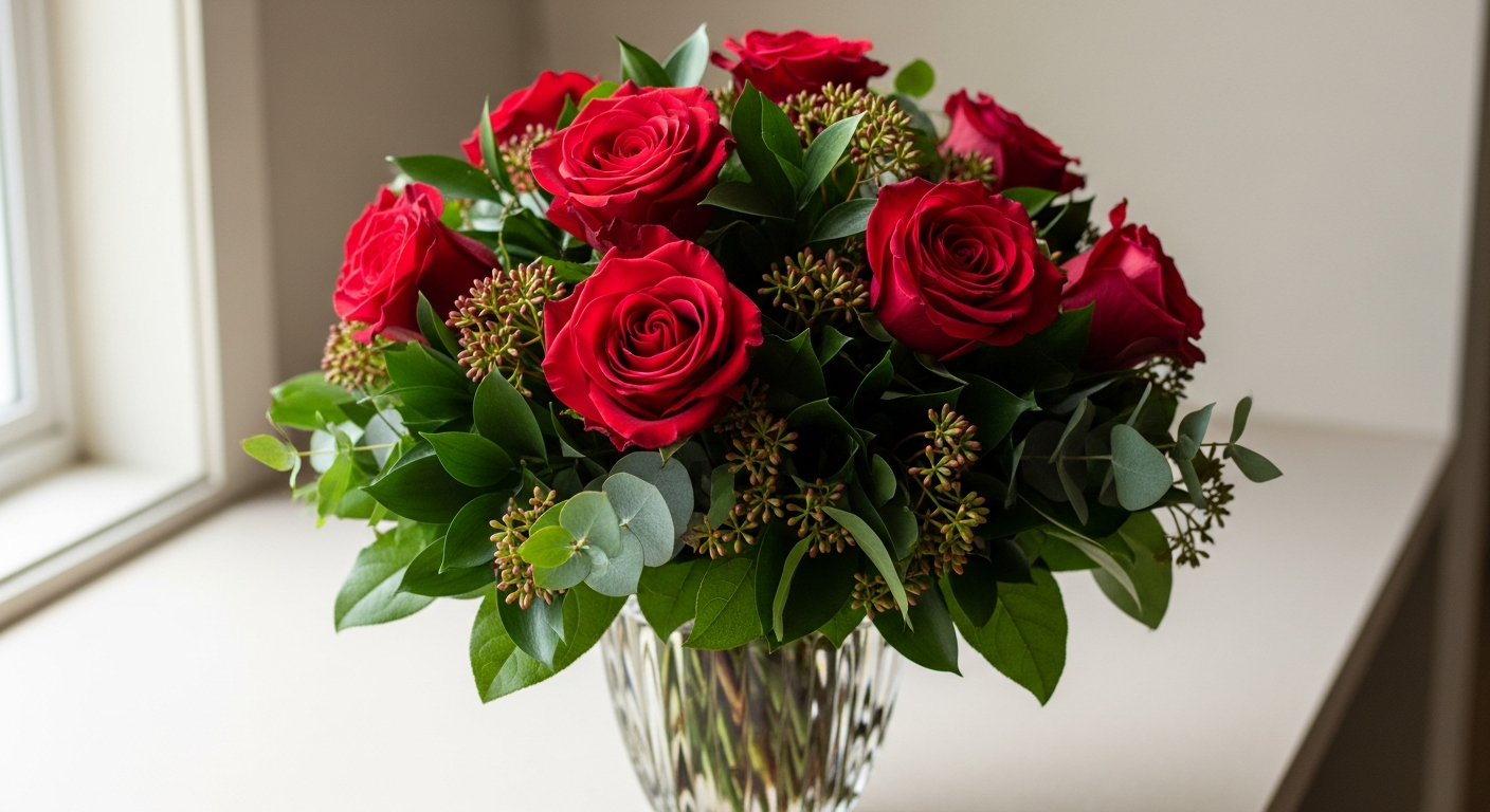 Classic red roses bouquet with lilies and carnations in elegant arrangement