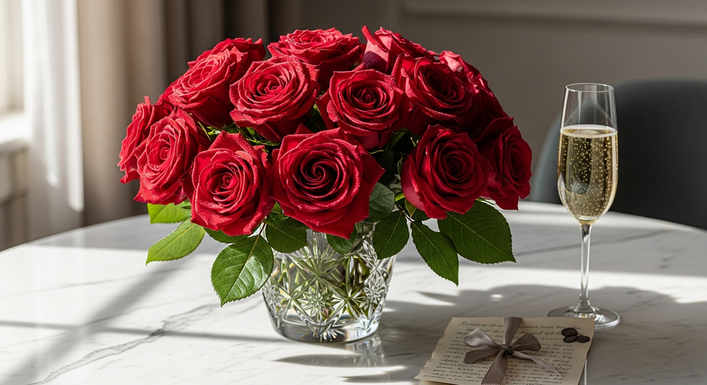 A stunning bouquet of twelve premium red roses with lush green foliage arranged in an elegant hand-tied presentation