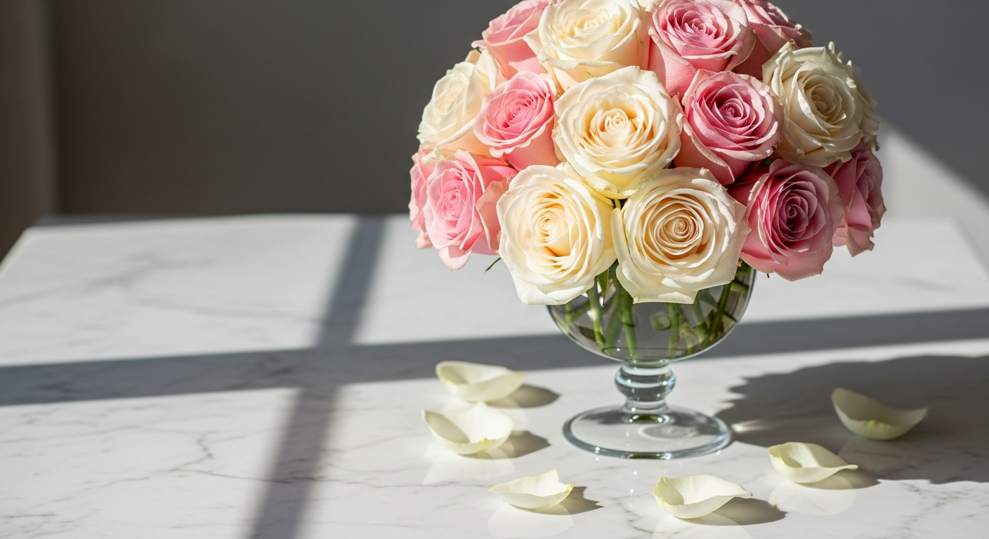 Elegant Daydream Roses Bouquet with fresh pink and red roses and complementary green foliage arranged in a vase