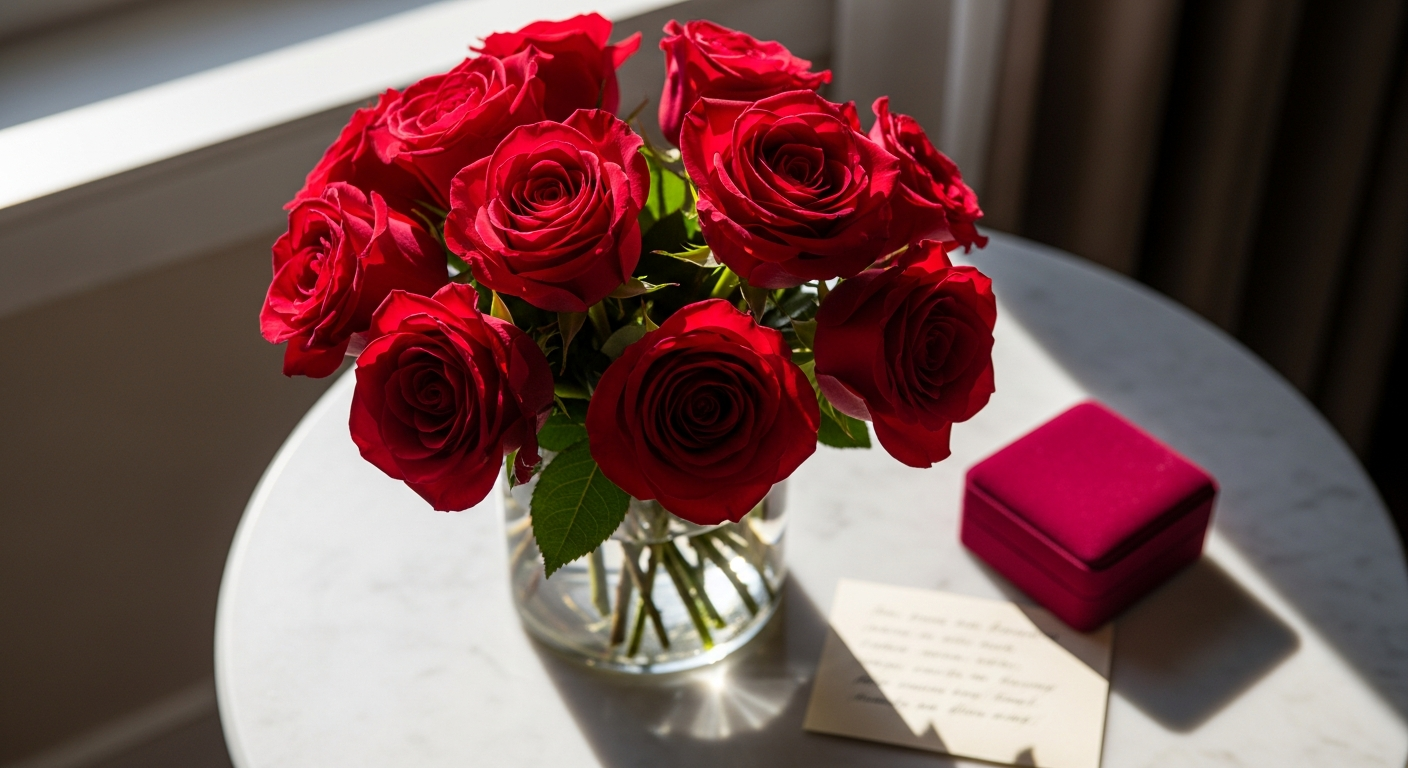 Premium hand-tied classic red rose bouquet with long stems and eucalyptus foliage
