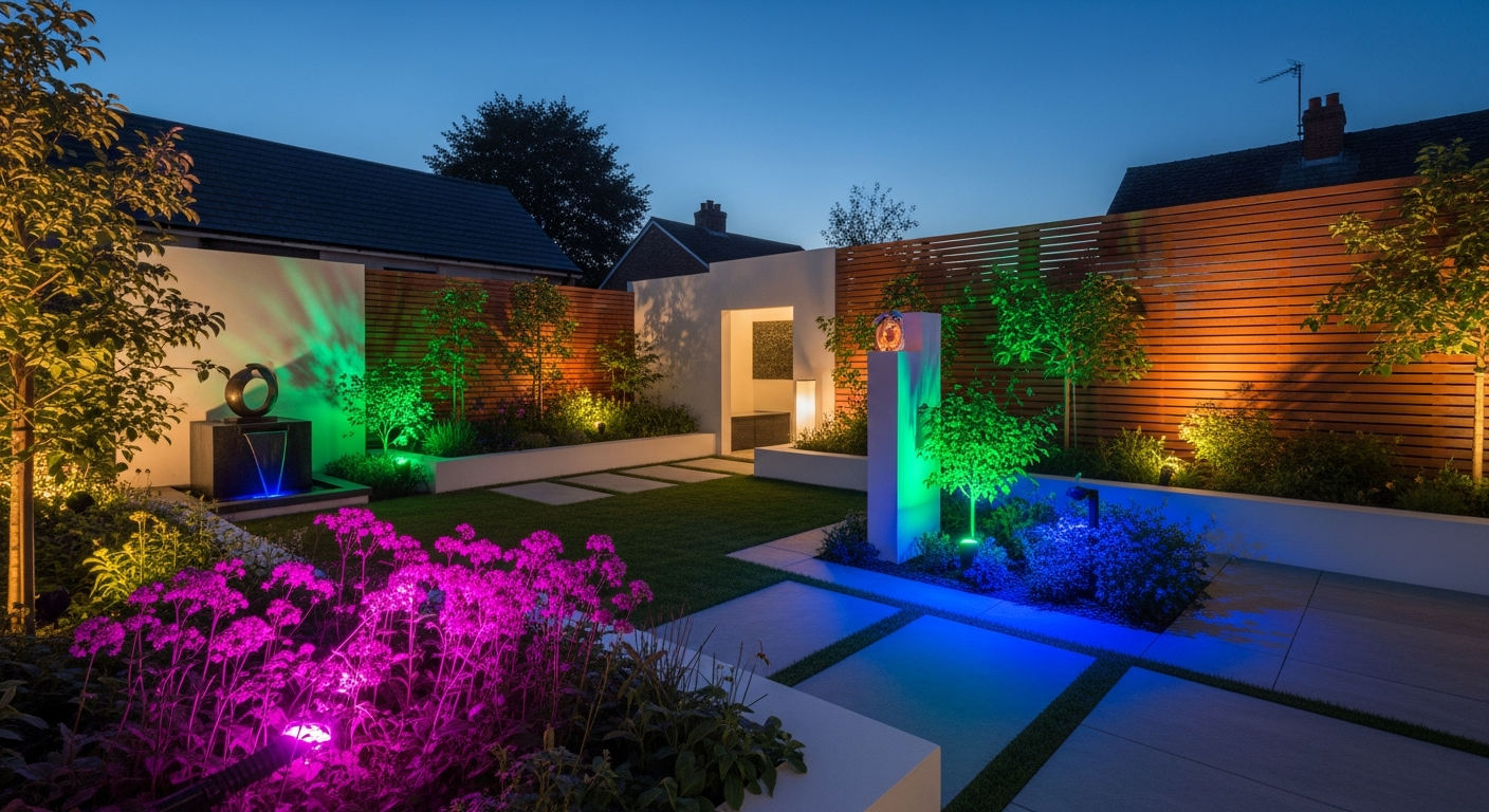 Outdoor waterproof RGB LED landscape spotlight illuminating garden features with customizable color-changing light