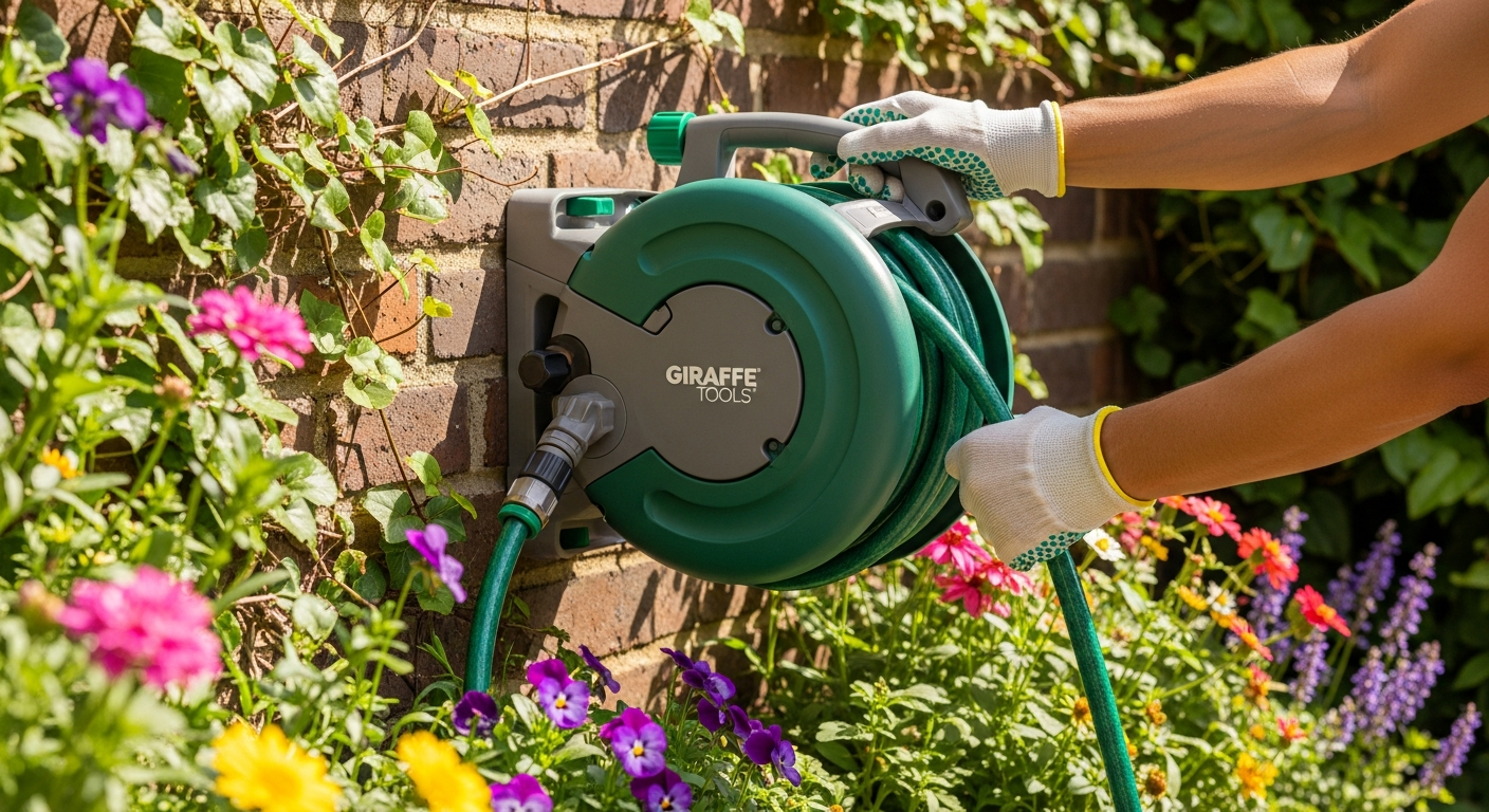 Giraffe Tools retractable garden hose reel mounted on garden wall with swivel bracket