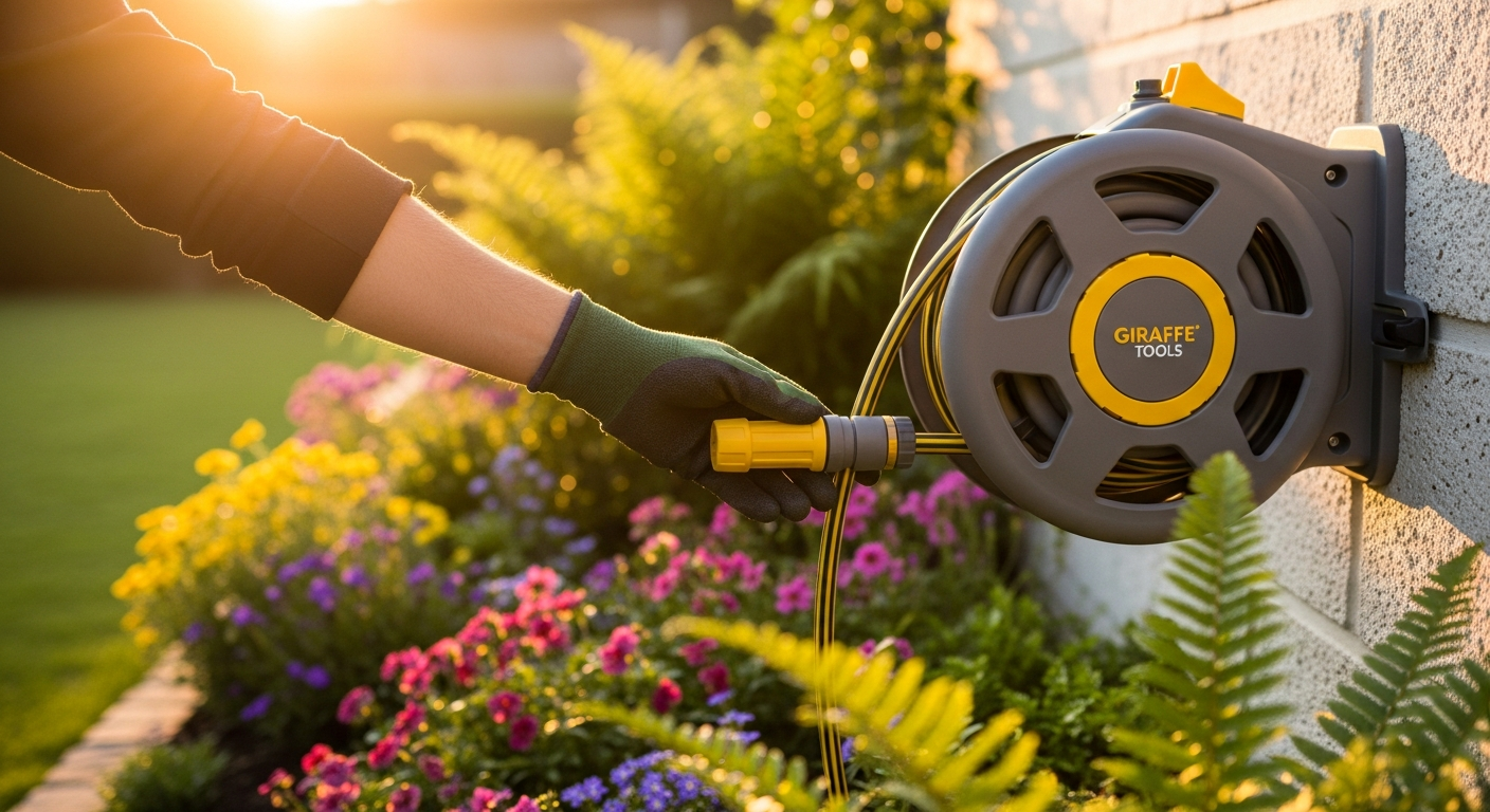 Giraffe Tools retractable garden hose reel mounted on outdoor wall with swivel bracket