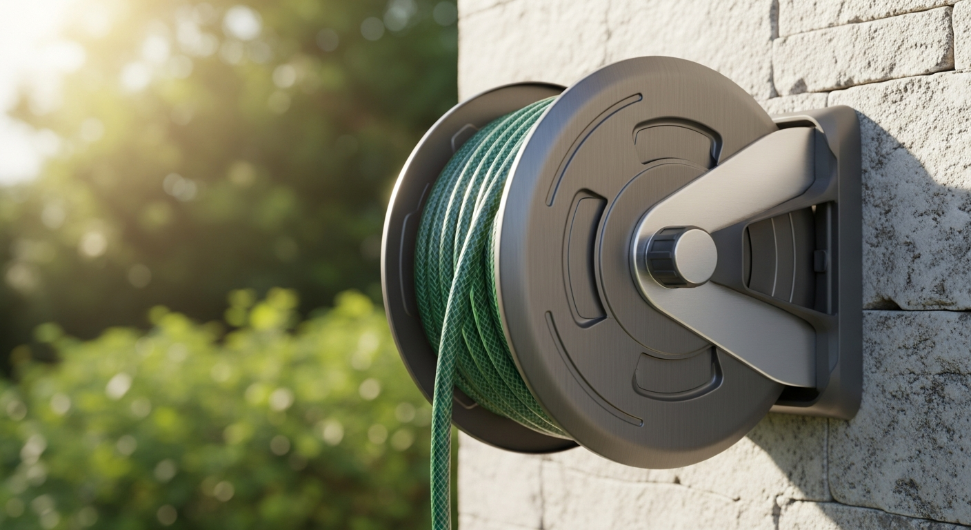 Giraffe Tools retractable garden hose reel mounted on outdoor wall with swivel bracket