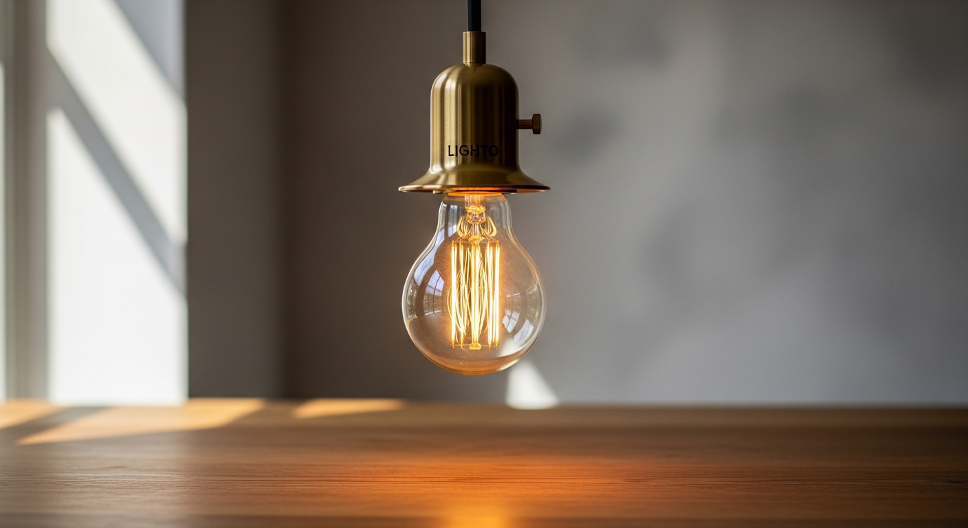 Lighto E27 dimmable LED filament lamp installed in modern dimmer-compatible fixture with warm glow