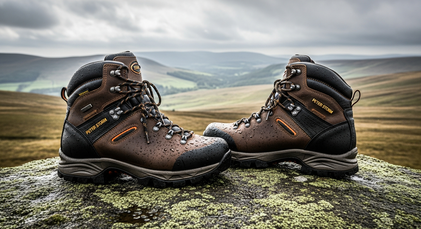Peter Storm waterproof hiking boots displayed on rocky mountain trail terrain