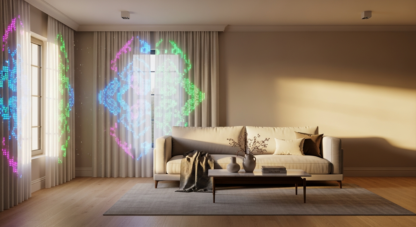 Govee Curtain Lights Pro displaying vibrant multicolored pixel art patterns on a bedroom wall with synchronized lighting effects