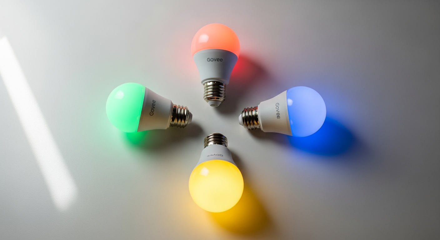 Govee Smart Light Bulbs 4-Pack displaying 16 million color options with voice control compatibility for gaming and home ambiance