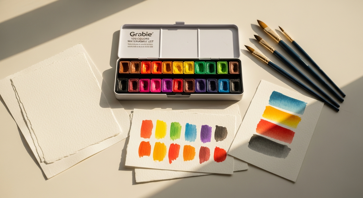 Grabie 100 Colors Watercolor Paint Set with metallic shades, solid pans, and included accessories for budget-conscious artists