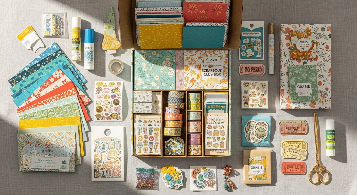 Colorful scrapbooking supplies and themed materials arranged in an organized mystery box display