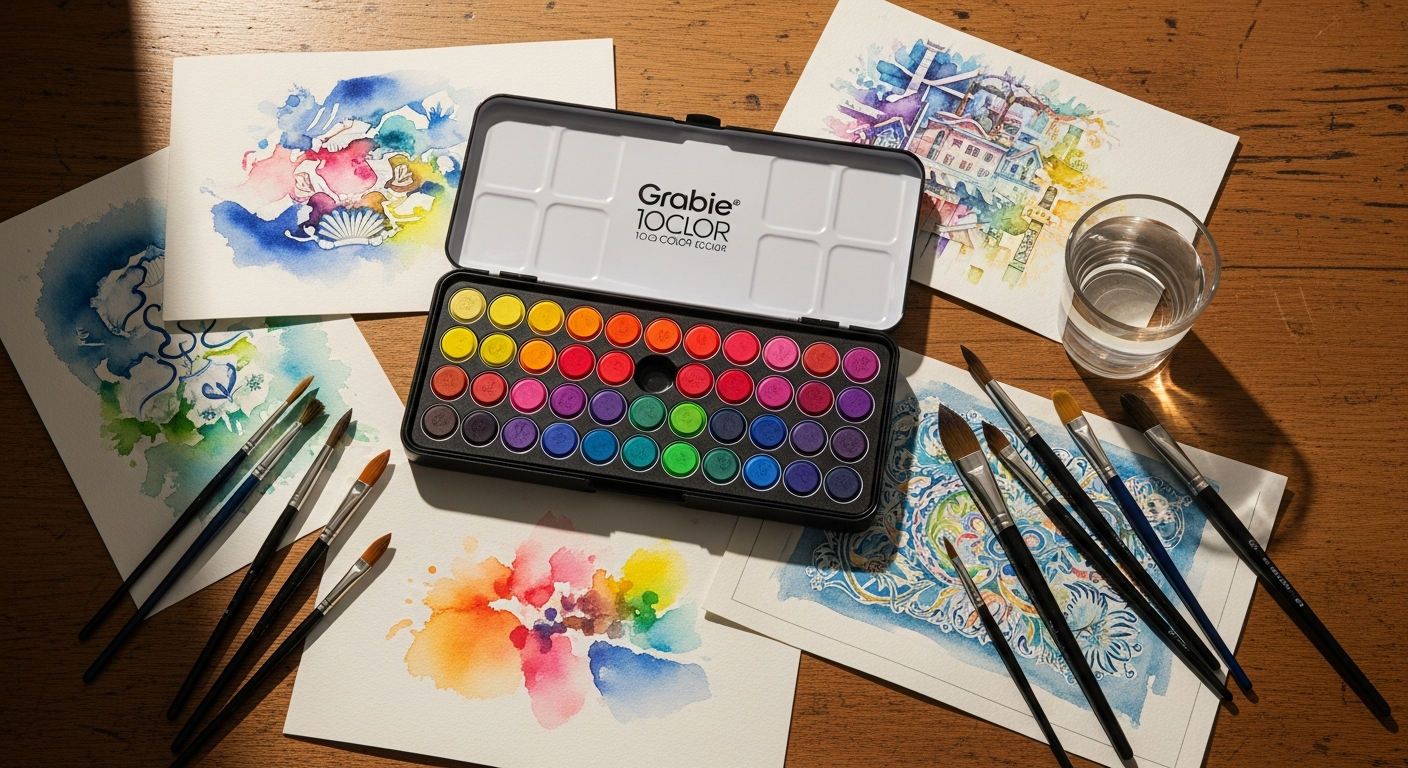 Grabie 100-Color Solid Watercolor Paint Set with included brushes, metallic colors, and accessories in compact carrying case