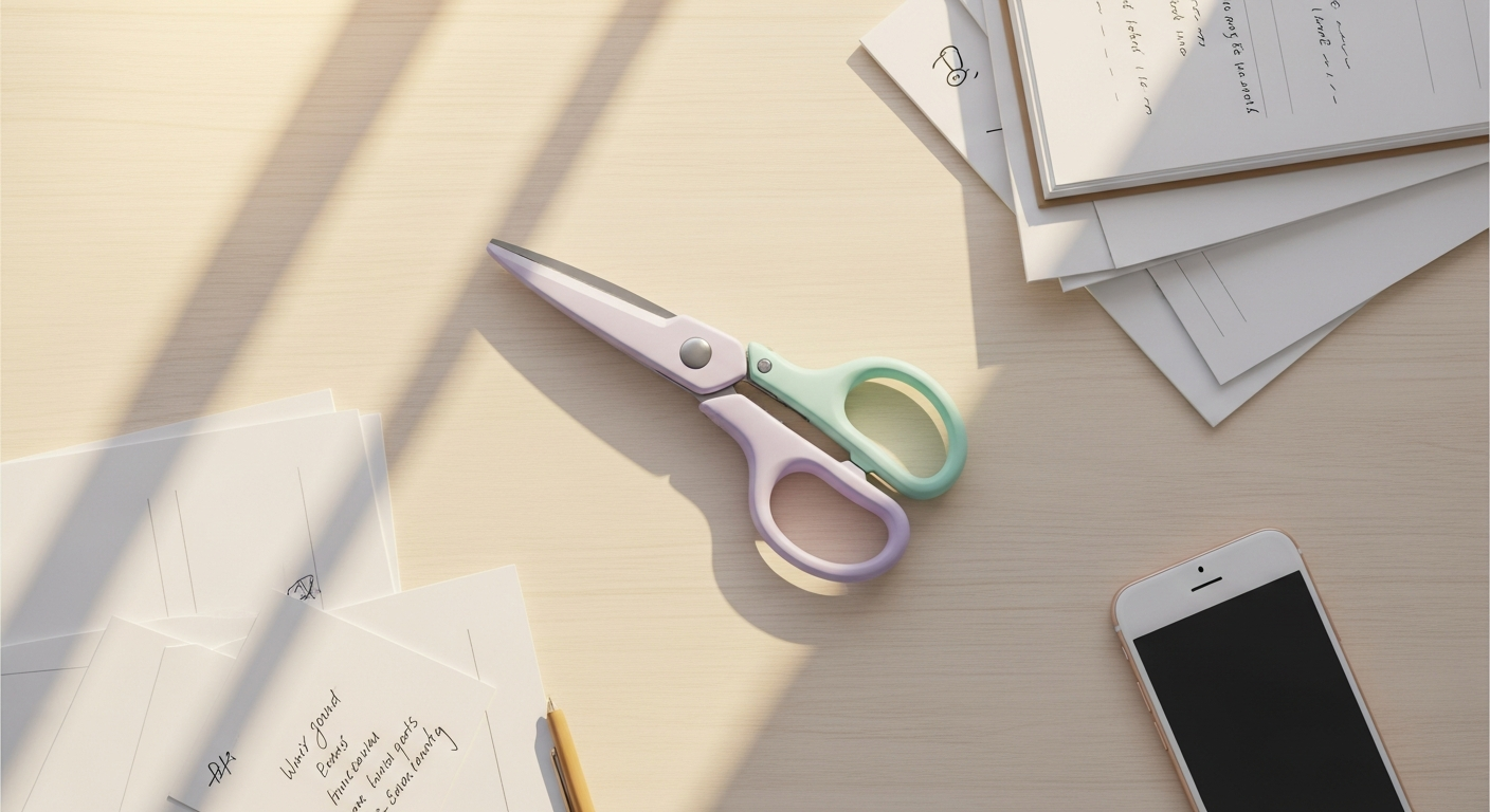 Mini Morandi folding scissors in soft pastel colors displayed on a minimalist white desk surface