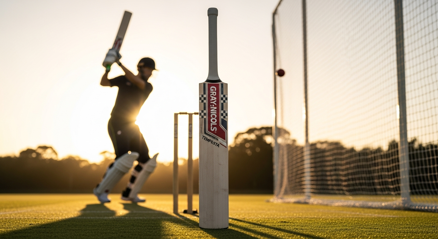 Gray-Nicolls Tempesta cricket bat with metallic silver and blue stickering design
