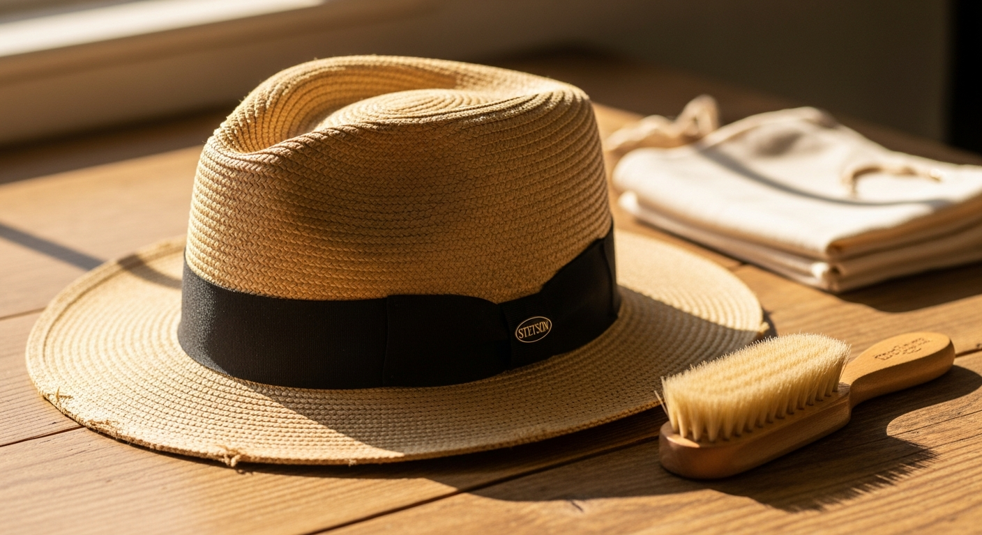 Stetson Classic Panama straw hat displayed on wooden hat block showing proper storage technique