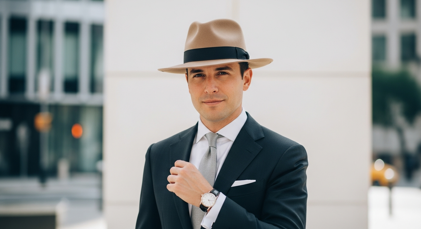 Classic Stetson fedora hat displayed on a wooden hat stand showing traditional crown and brim design