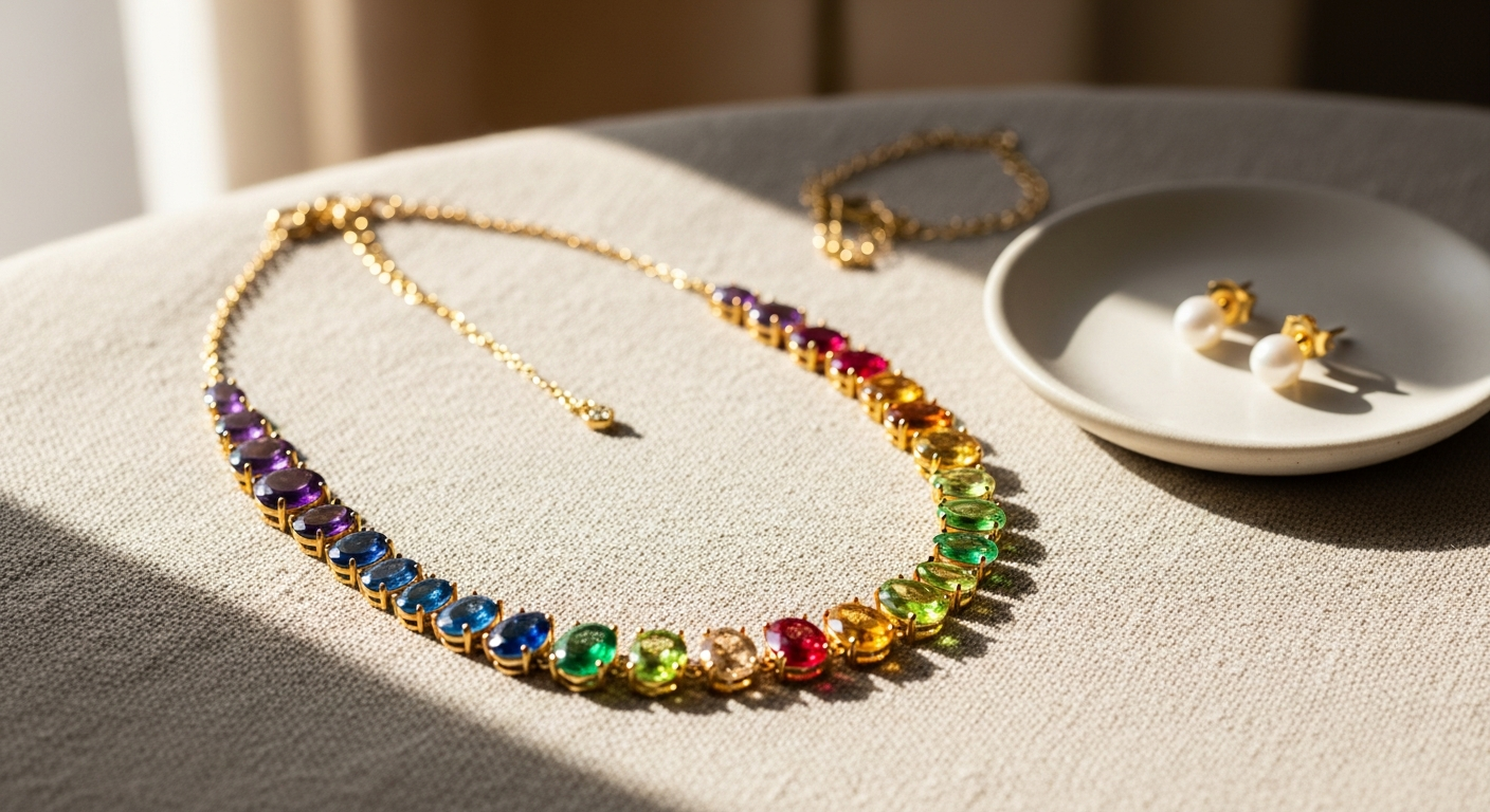 Harfi Colourful Multi Gemstone Rainbow Necklace in 18k gold vermeil with vibrant gemstones