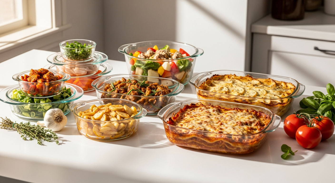 Pyrex Essentials Borosilicate Glass Casserole Set with three dishes and matching lids displayed