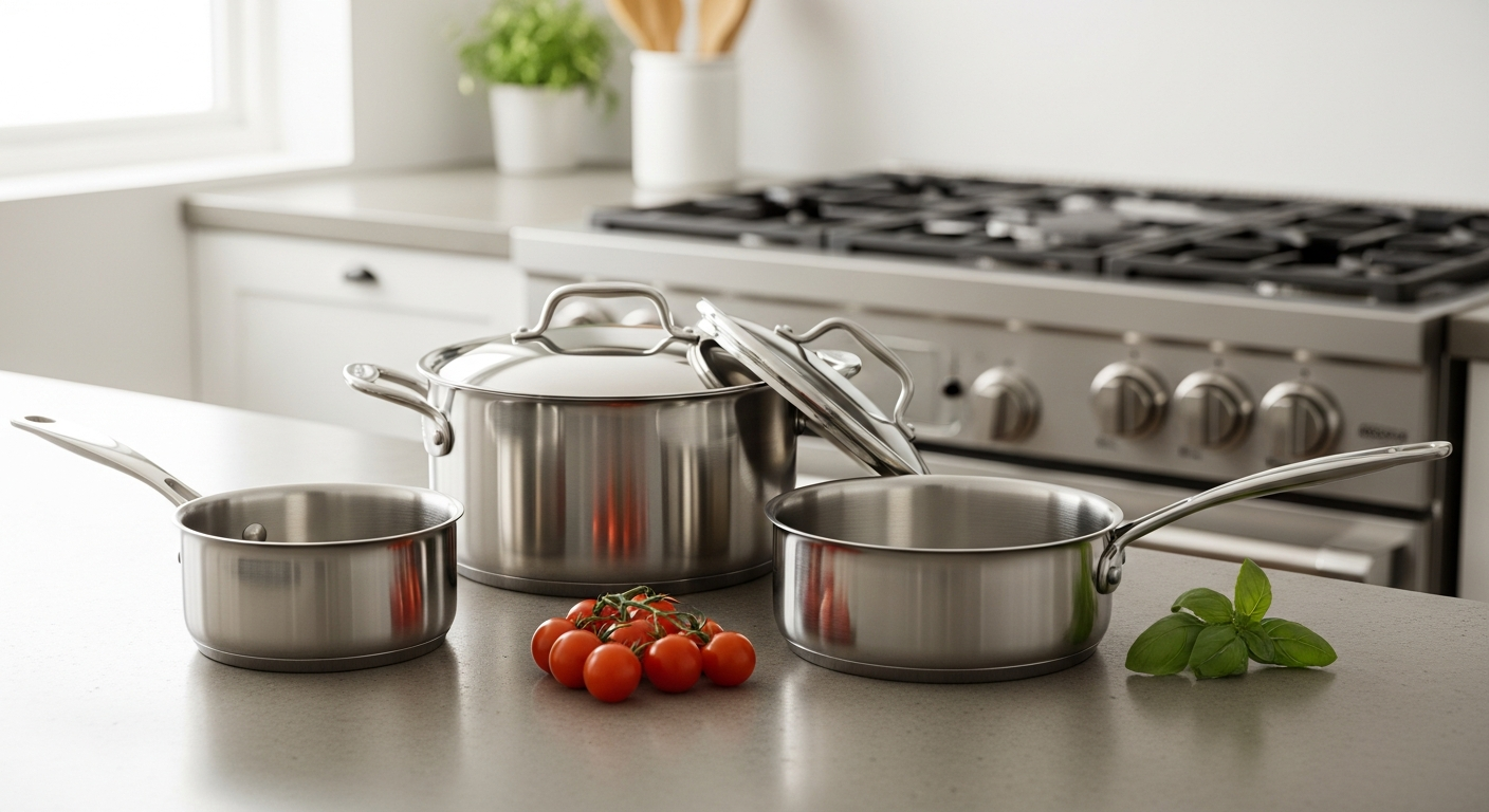 Stellar 5000 Induction Flow stainless steel saucepan set with draining lids displayed