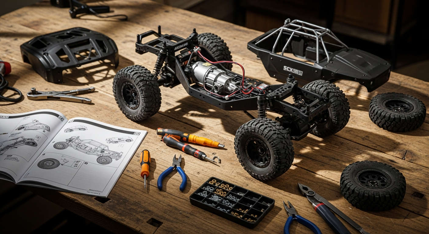 Axial SCX10 III RC rock crawler kit with Jeep JL Wrangler body on rocky terrain