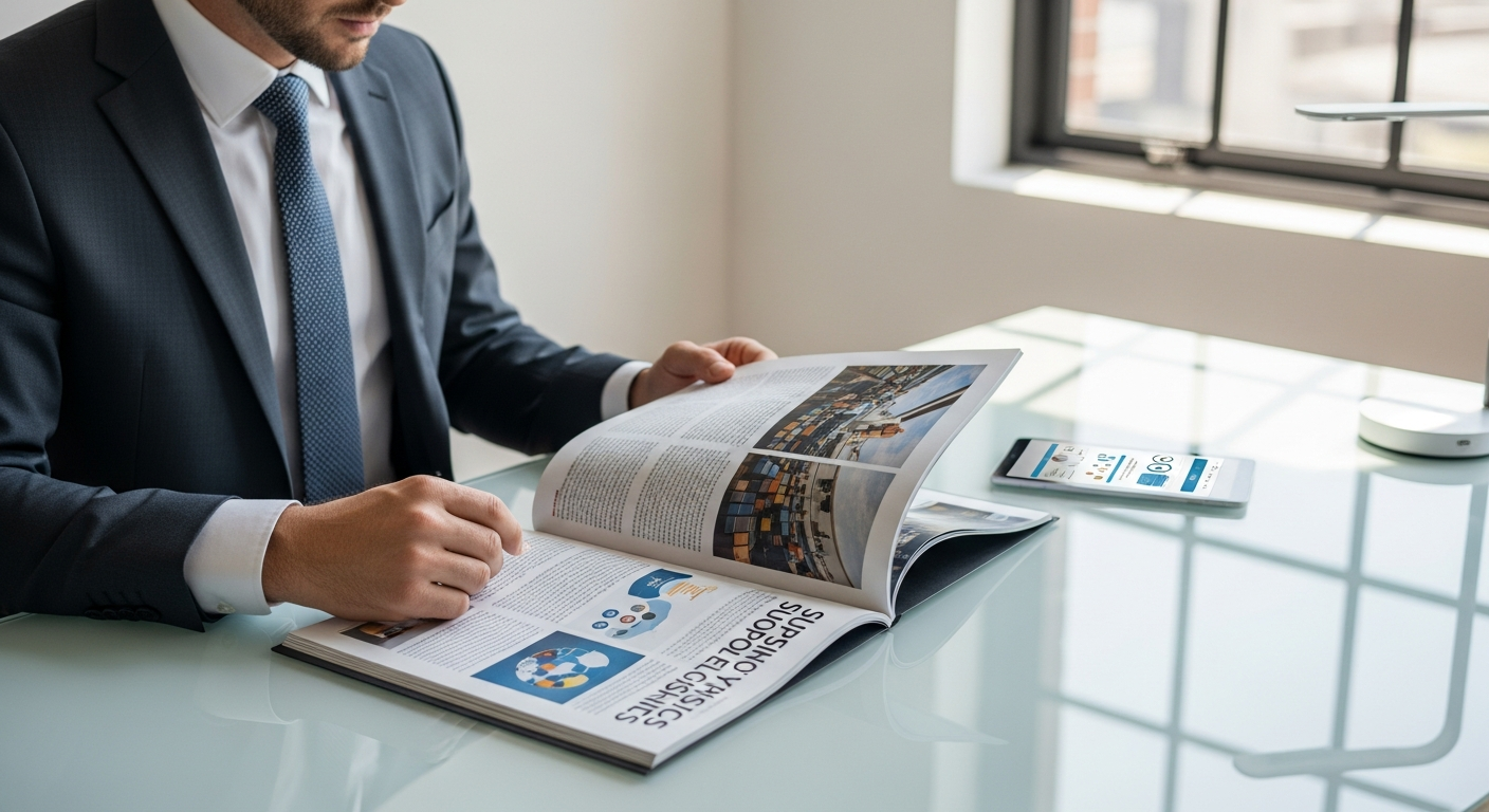 LOGISTIK HEUTE magazine cover displayed on tablet and printed format showing supply chain management content
