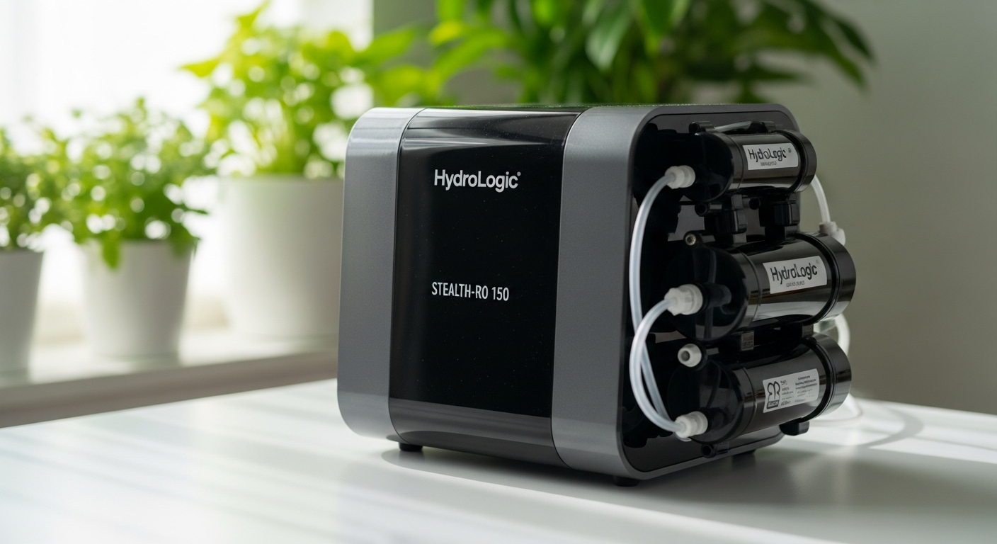 HydroLogic Stealth-RO 150 reverse osmosis water filter system with tubing and mounting bracket for hydroponic gardening